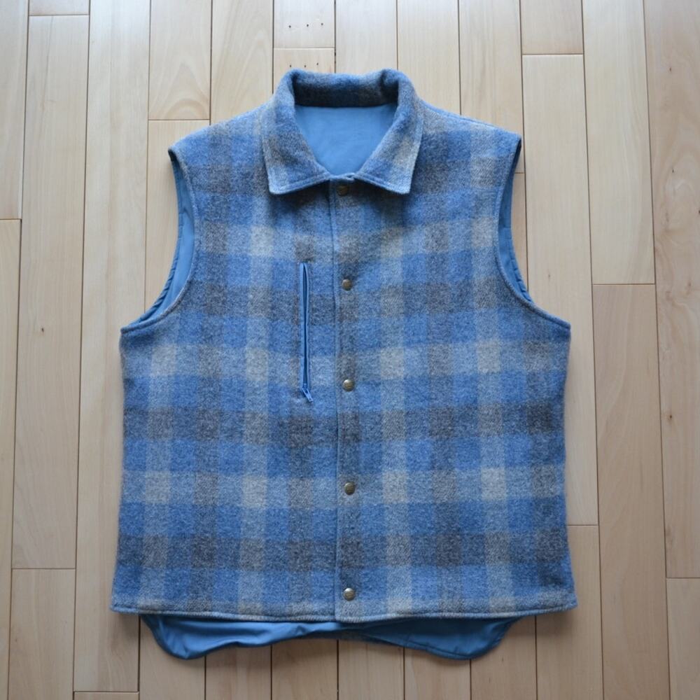 Woolrich Wool Reversible Snap Button Utility Vest Plaid Blue Size Large